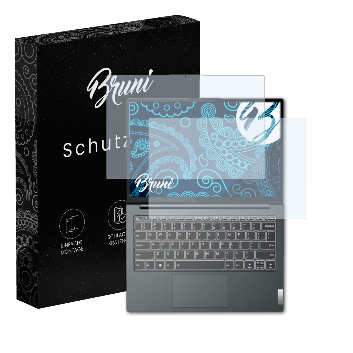 Eine schwarze Box mit Text, ein Laptop und zwei Displayschutz.