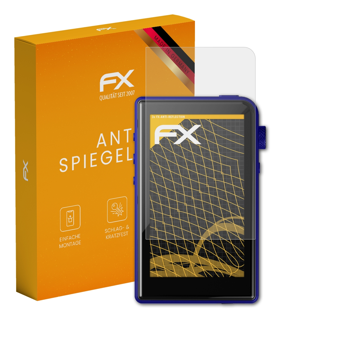 Telefon mit Displayschutz und Box. Die Box sagt FX, Anti-Spiegelung und Made in Germany.