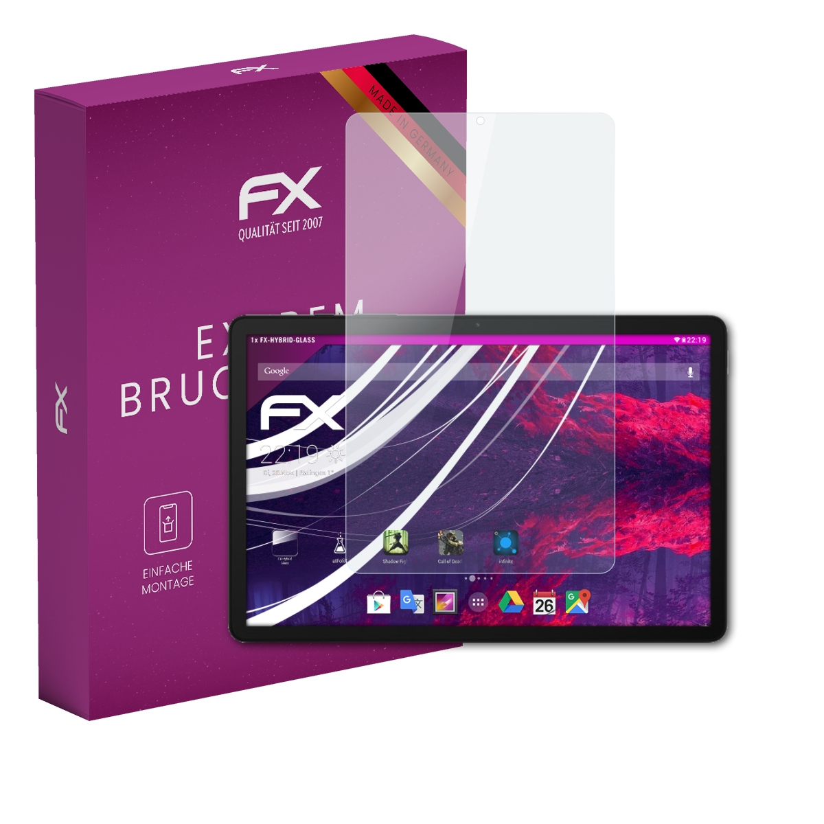 Ein Tablet mit Displayschutzfolie und Verpackung. Der Schutz ist klar, die Verpackung lila.