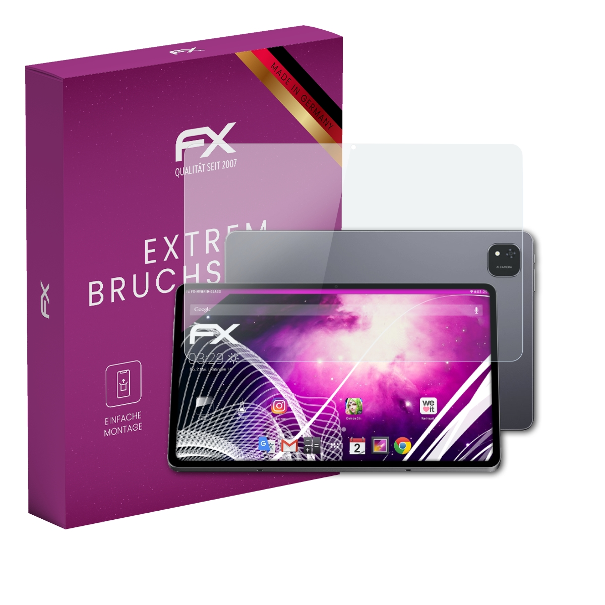 Graues Tablet mit Displayschutz, Schachtel mit 'FX'-Logo. Tablet zeigt Apps und Benutzeroberfläche.