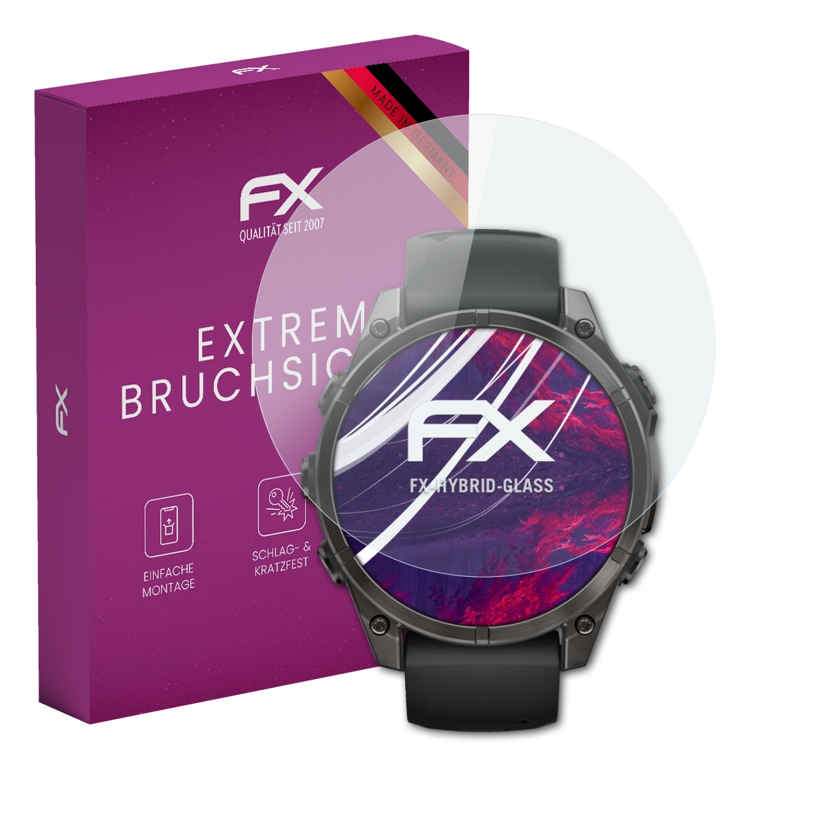 Smartwatch mit Displayschutz und Verpackung. Uhr hat ein kreisförmiges Display. Box ist lila, mit Text.