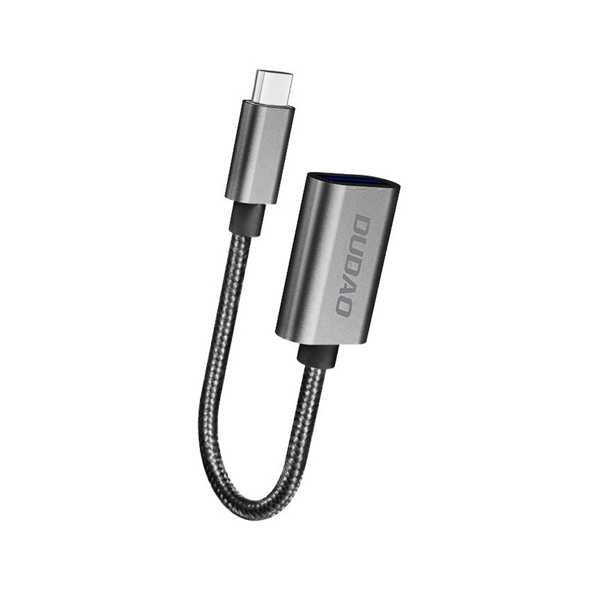 Cavo adattatore da USB-C a DUDAO argentato su sfondo bianco.