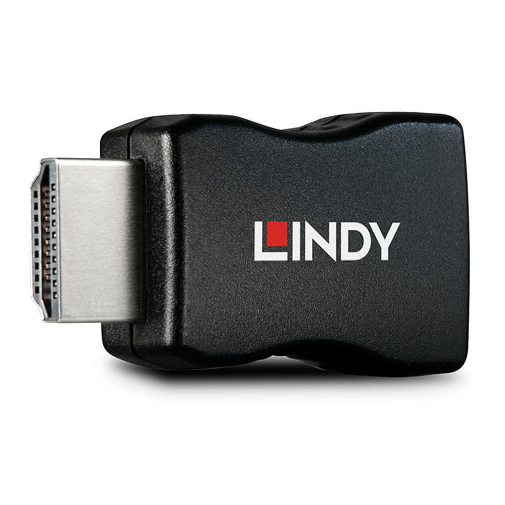 Adattatore HDMI nero con connettore argentato e testo LINDY bianco.