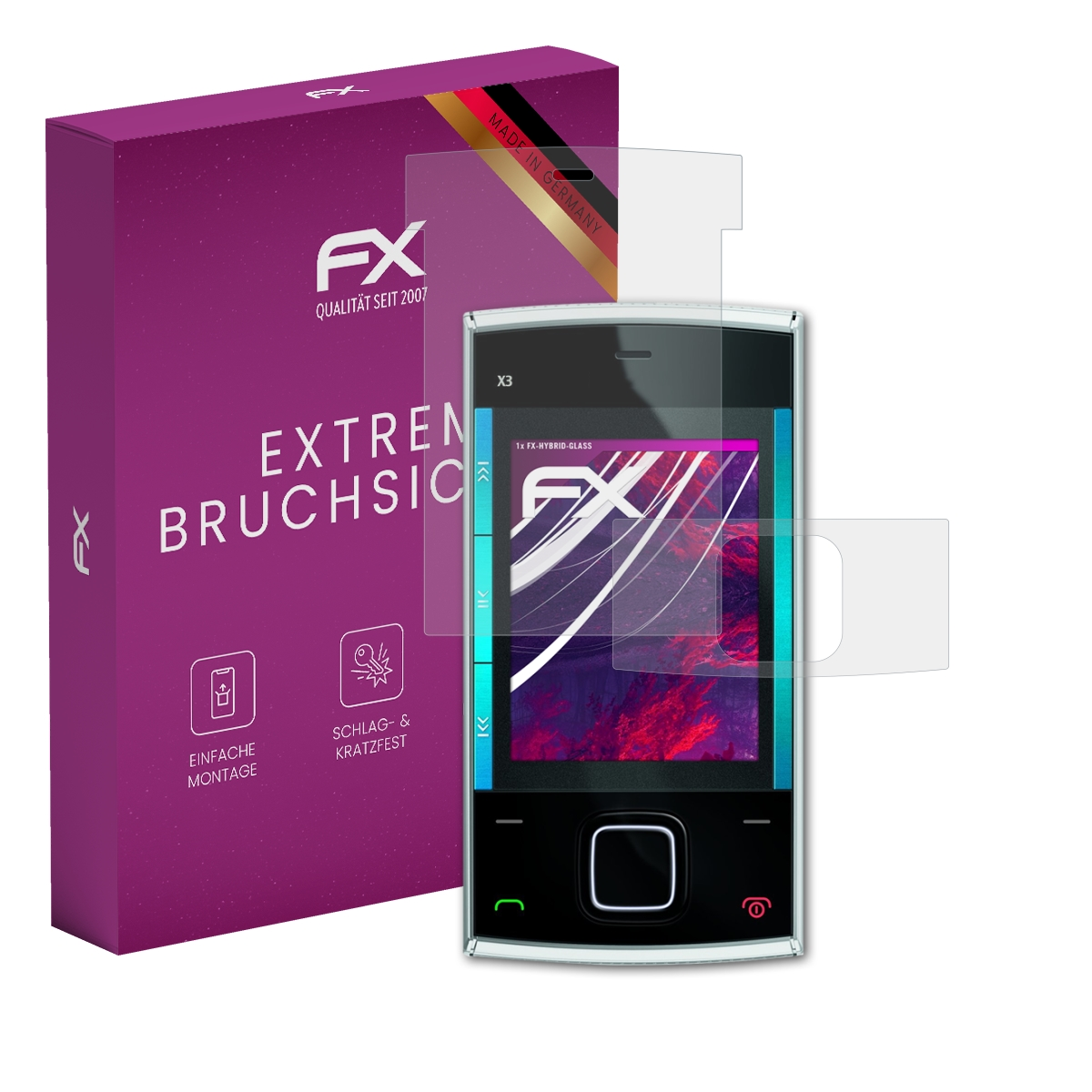 Ein Mobiltelefon mit Displayschutzfolie und einer violetten Box. Deutscher Text ist sichtbar.
