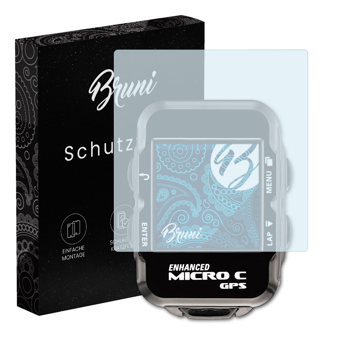 Ein GPS-Gerät mit Displayschutzfolie und 'Bruni'-Box.