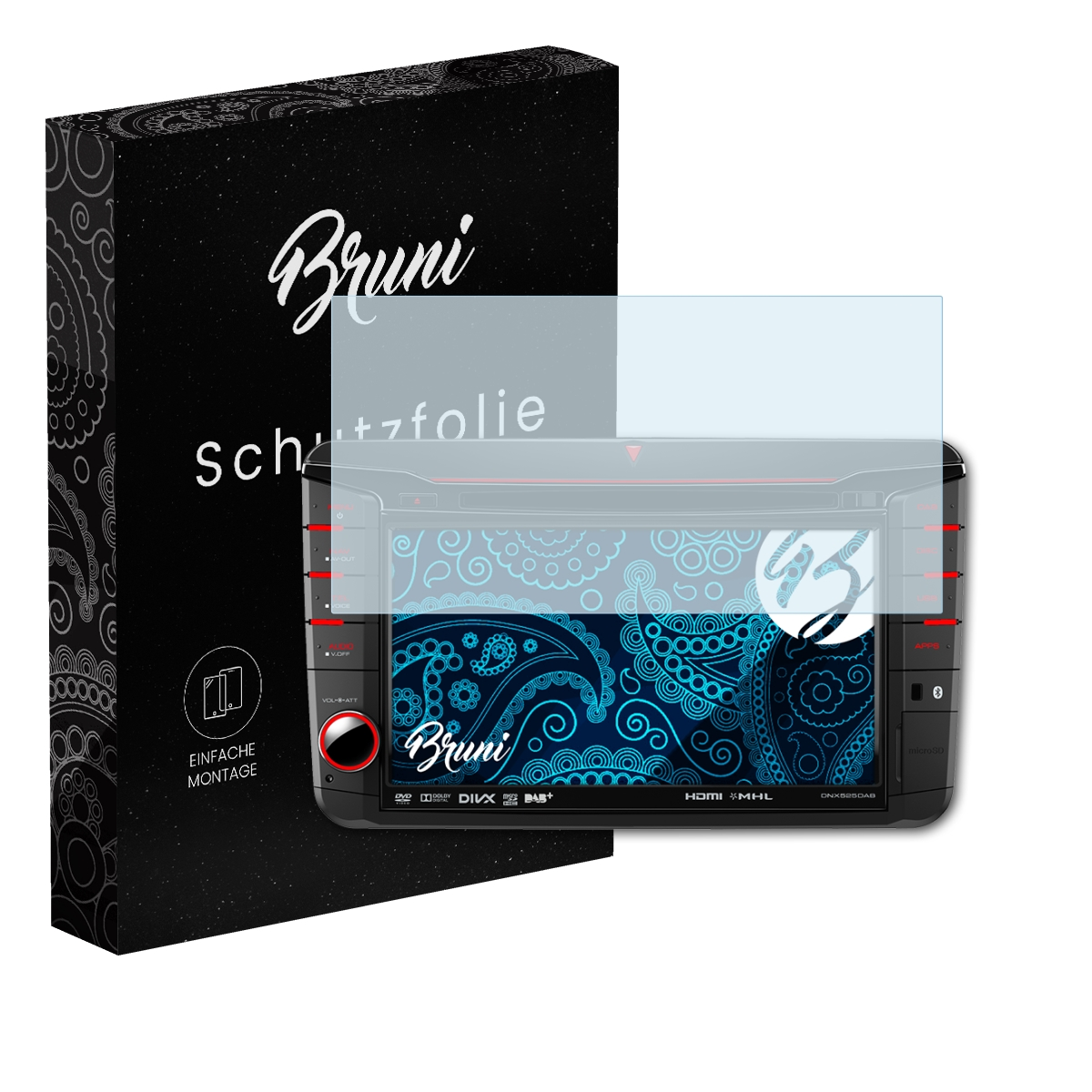 Ein Autoradio zeigt ein blaues Paisleymuster hinter einer Schutzfolie neben einer schwarzen Schachtel.