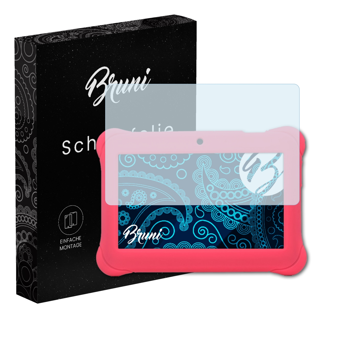 Rosa Tablet mit Displayschutzfolie und Box. Box hat 'Bruni'. Schutzfolie ist klar.