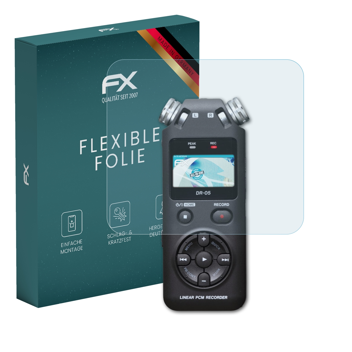 Rekorder mit Displayschutz, FX-Box links. Made in Germany-Etikett.