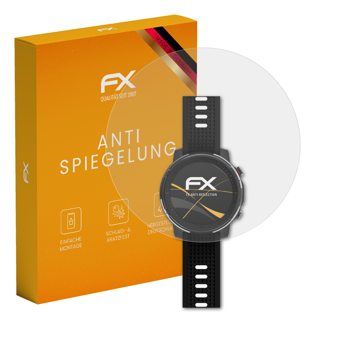 Uhr und Displayschutzfolie mit einer Schachtel. Die Uhr hat ein schwarzes Armband. Die Box ist orange.