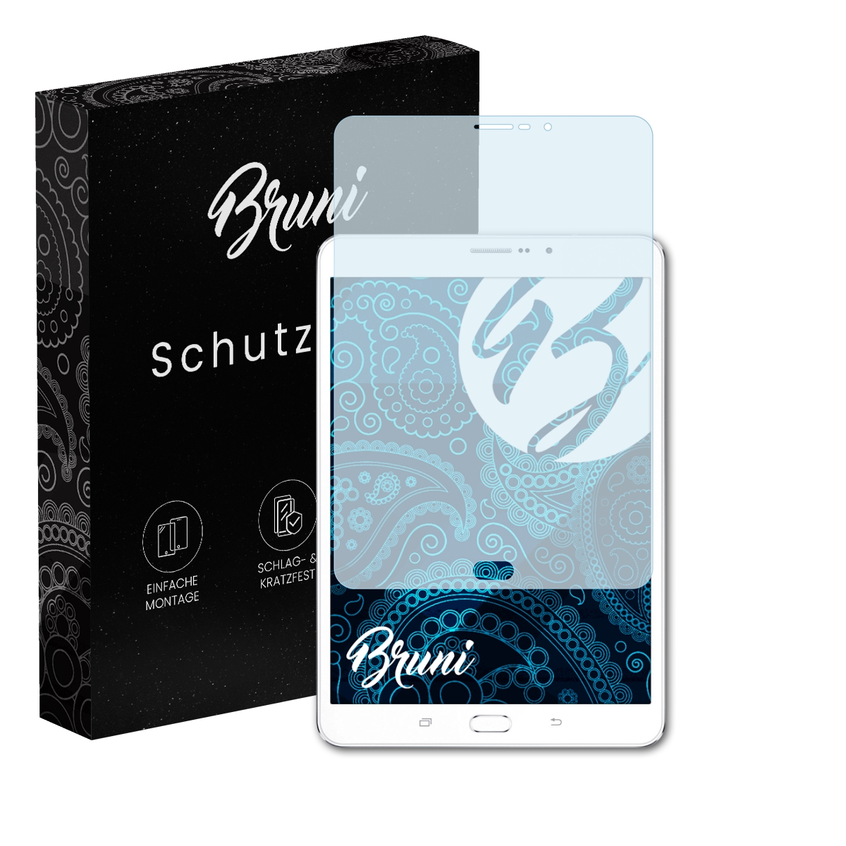 Schwarze Box mit Displayschutz über weißem Tablet. Blaues Design auf dem Tablet-Bildschirm.