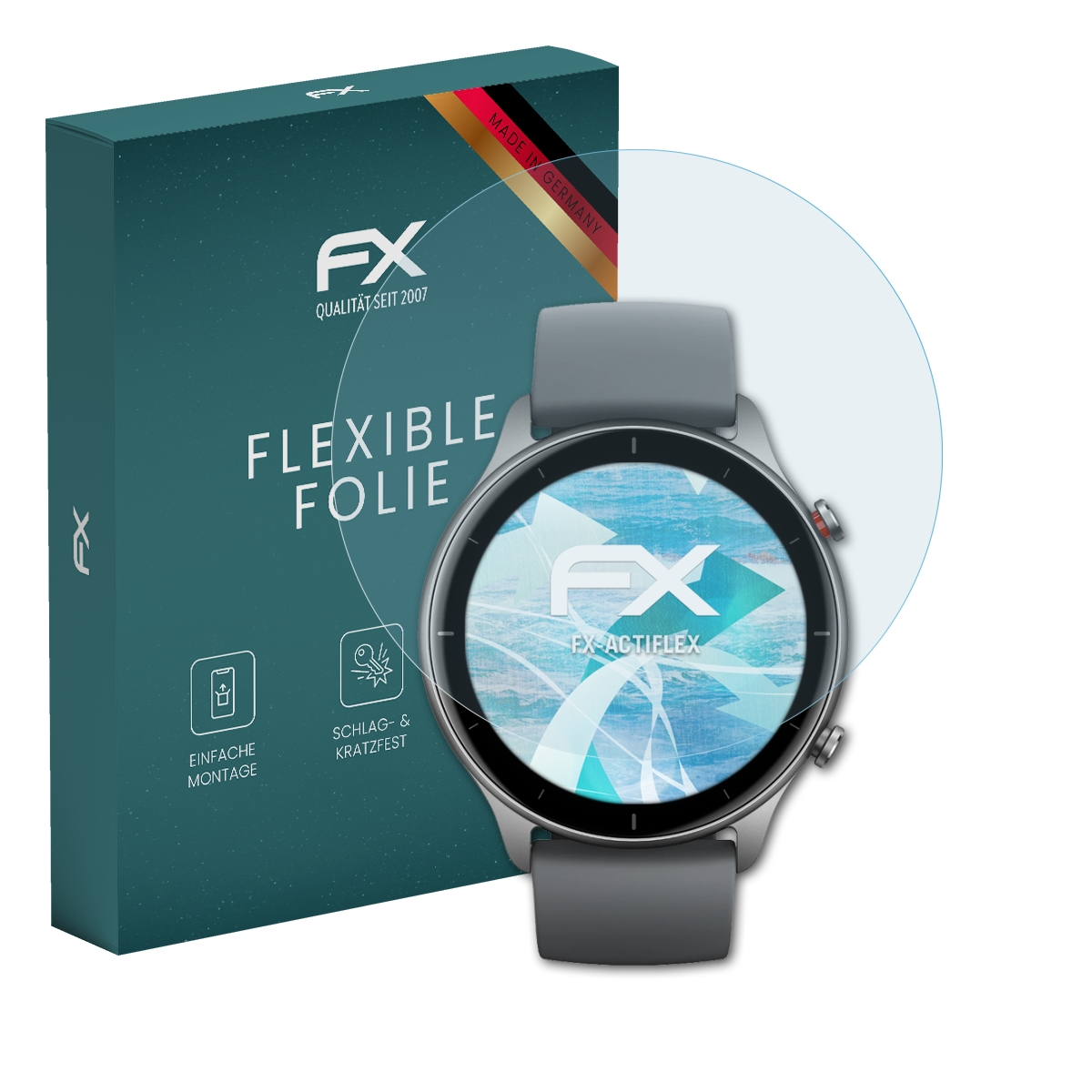 Eine Smartwatch mit Displayschutzfolie, neben einer blauen Box mit Text und Symbolen.