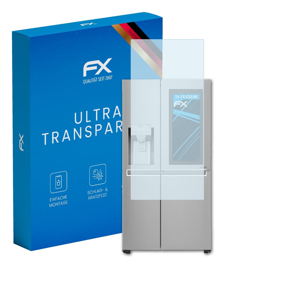 Kühlschrank mit Displayschutzfolie und einer Box mit dem FX-Logo und Text.