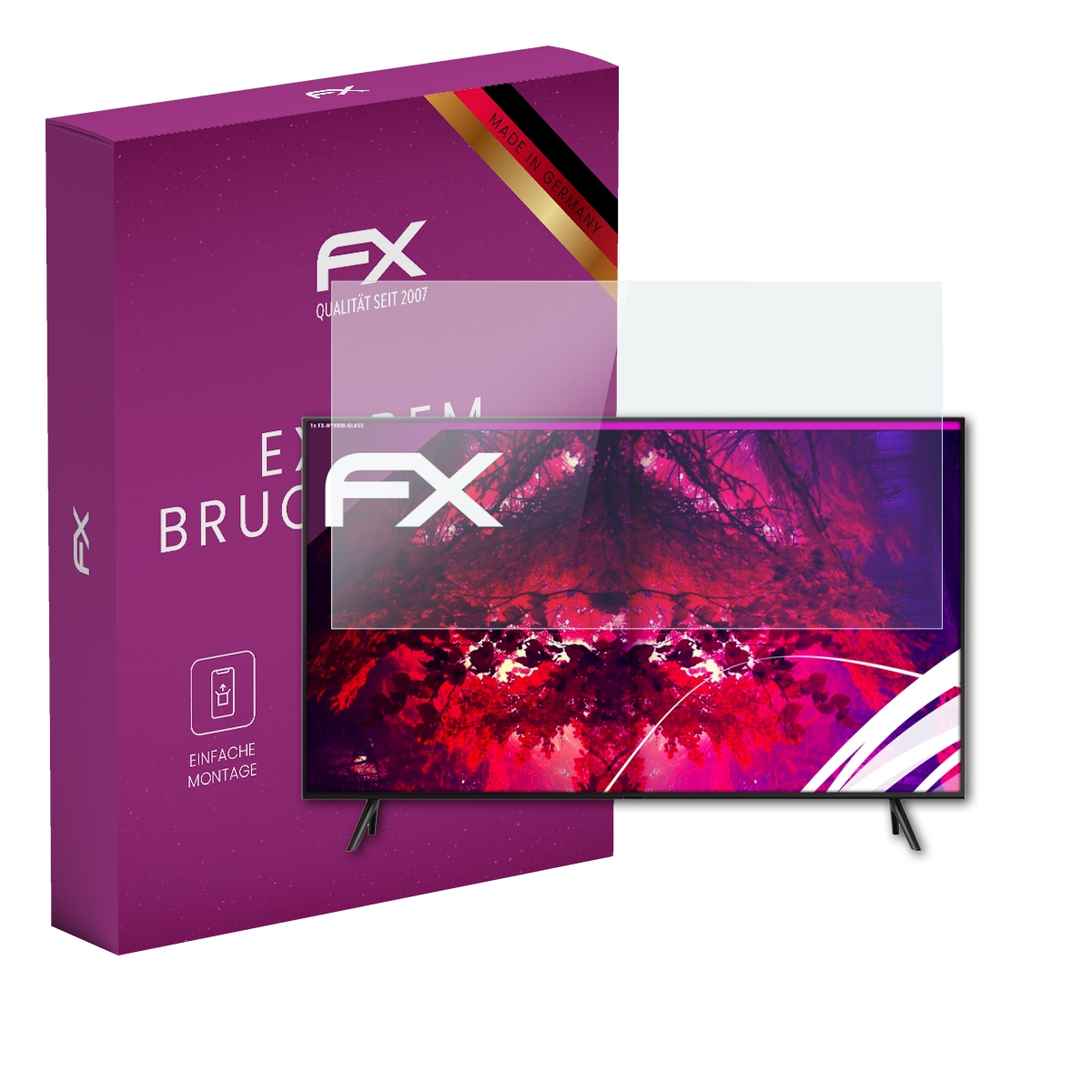Ein Fernseher mit Displayschutzfolie neben einer Box mit deutschem Text.