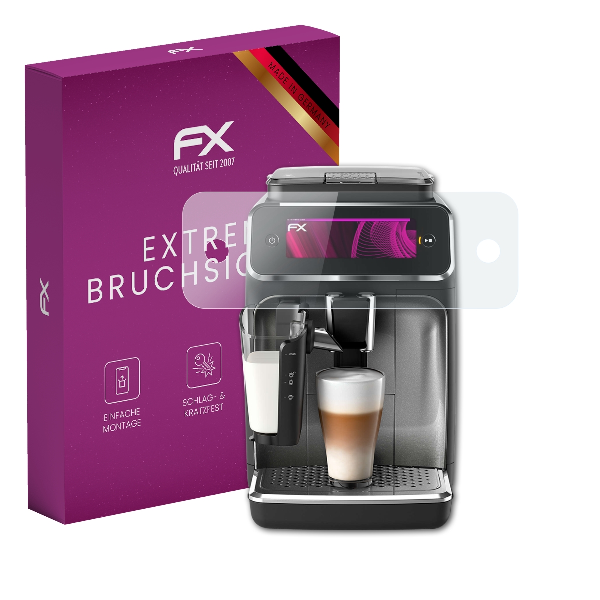 Kaffeemaschine mit Displayschutzfolie, lilafarbene Box und transparente Folie.
