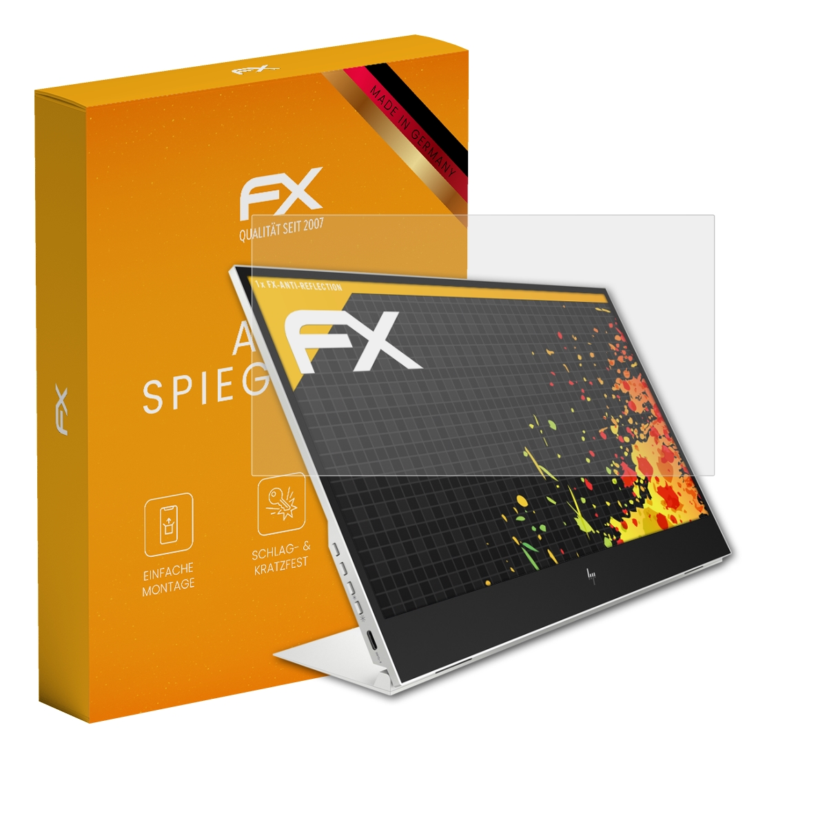 Laptop mit Displayschutz, orangefarbene Schachtel mit FX-Logo. Text: 'Made in Germany'.
