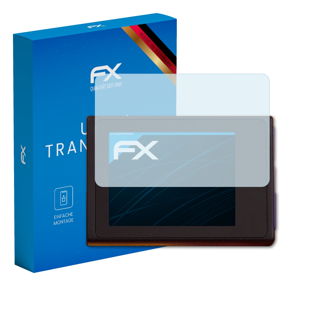 Laser-Entfernungsmesser mit Displayschutz, blaue Schachtel mit FX-Logo. Text: 'Made in Germany'.