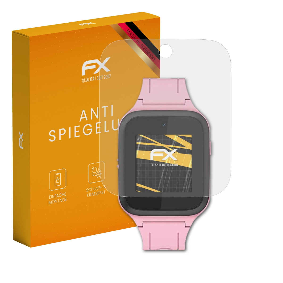 Eine rosa Smartwatch mit Displayschutzfolie und eine Box mit der Aufschrift 'Anti Spiegelu'.