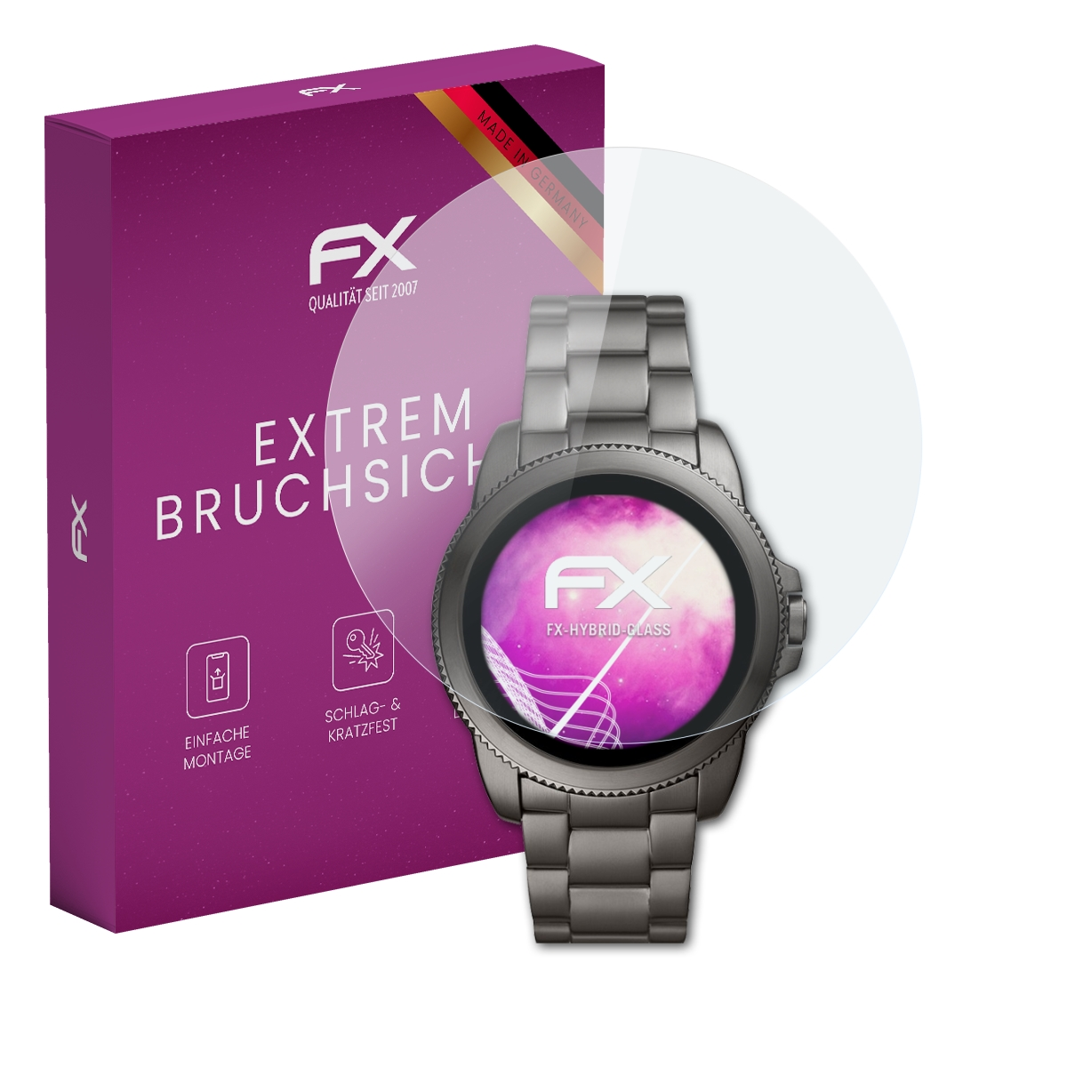 Smartwatch mit Displayschutzfolie und Verpackung. Schutzfolie, Bildschirm und Verpackung zeigen alle das FX-Logo.