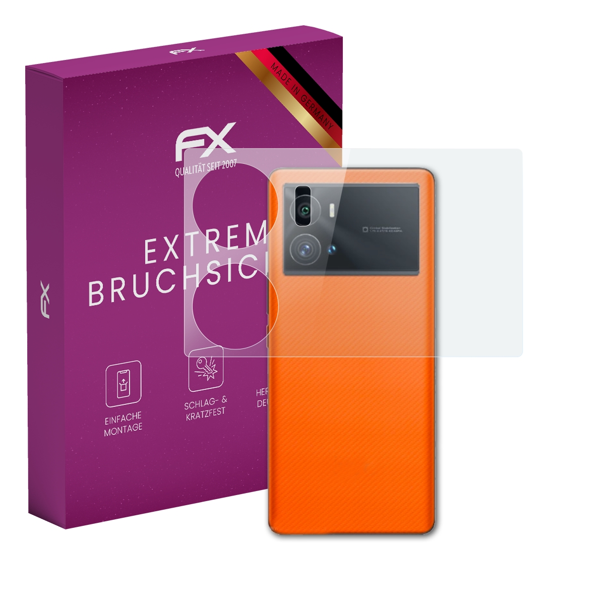 Ein oranges Telefon mit Displayschutz, und eine Schachtel mit 'EXTREM BRUCHSIC' und dem FX-Logo.