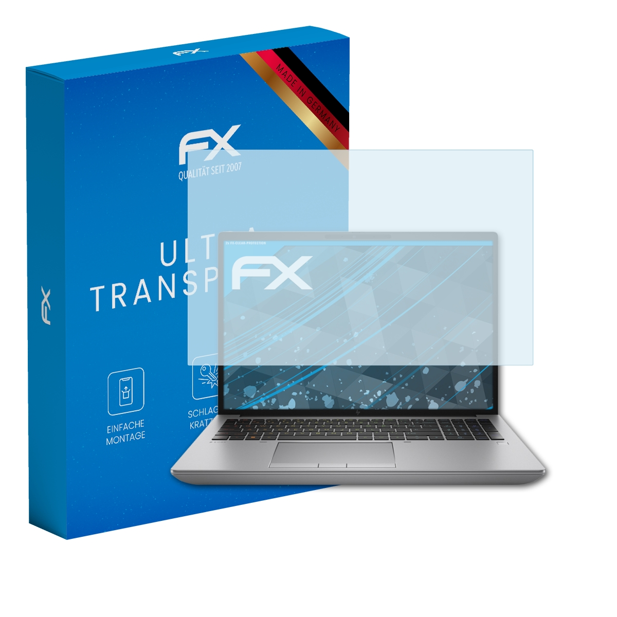 Laptop mit Displayschutzfolie. Eine Schachtel links. Der Bildschirm zeigt ein Logo.