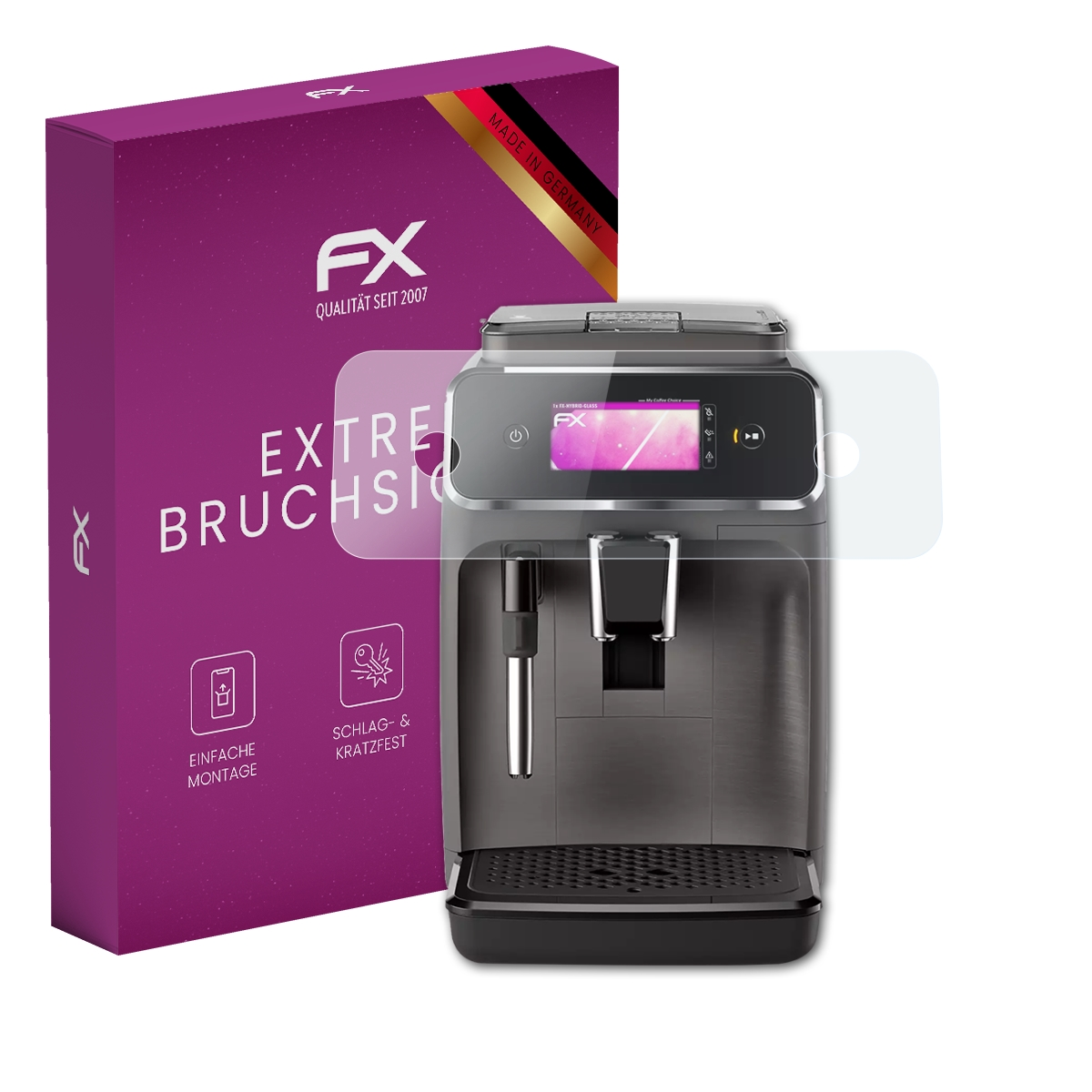 Eine Kaffeemaschine mit Displayschutz neben einer Box. Auf der Box steht 'Extrem Bruchsic'.