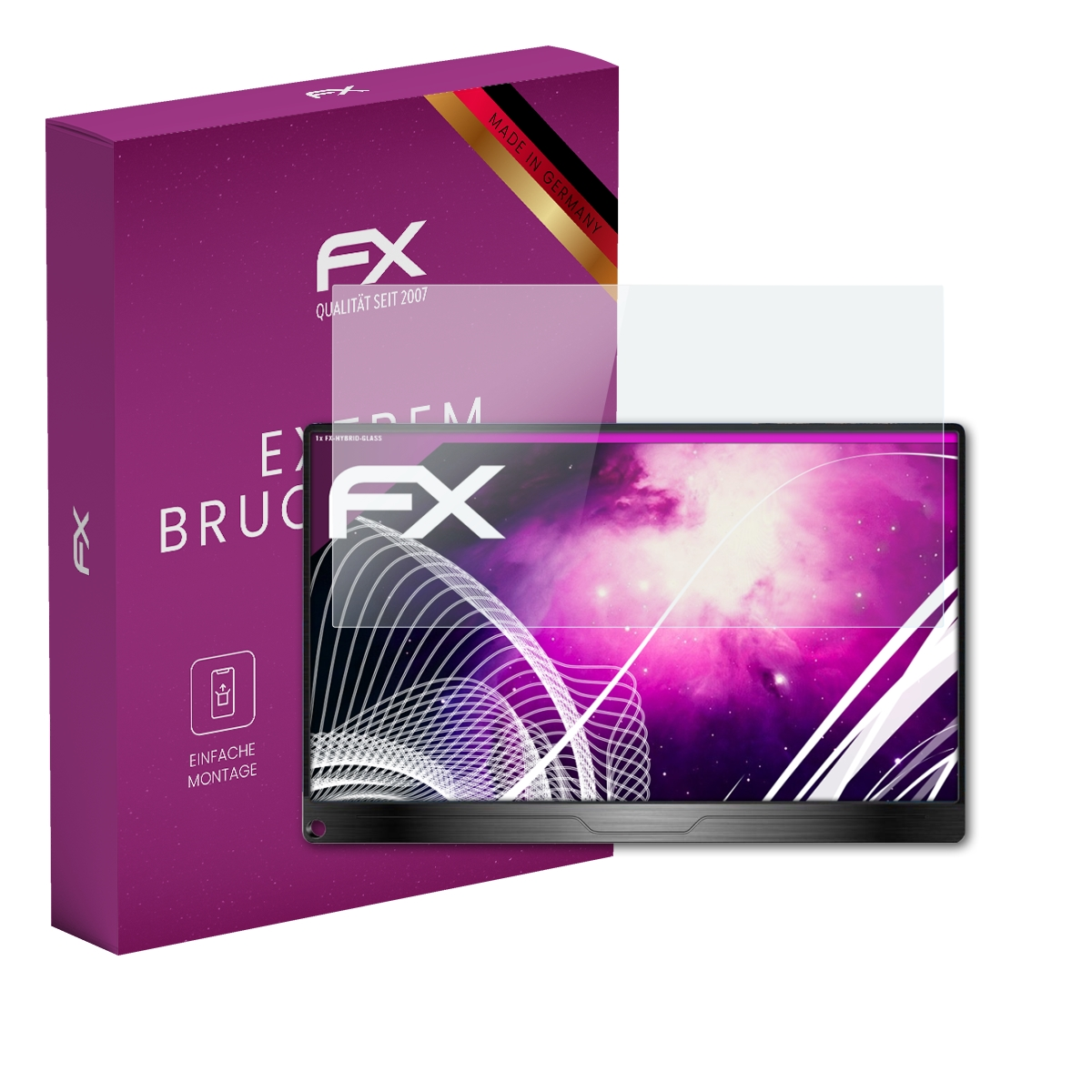 Eine lila Box, Displayschutzfolie und ein Gerät mit Weltraum-UI.