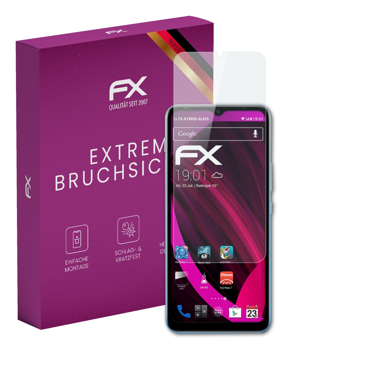 Ein Telefon und ein Displayschutz werden gezeigt. Das Telefon zeigt App-Symbole auf rotem Hintergrund.