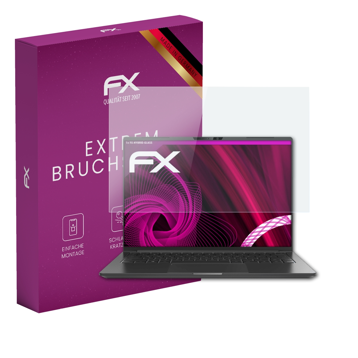 Ein Displayschutz neben einer Box. Der Schutz befindet sich auf einem Laptop mit rosa Bildschirm.