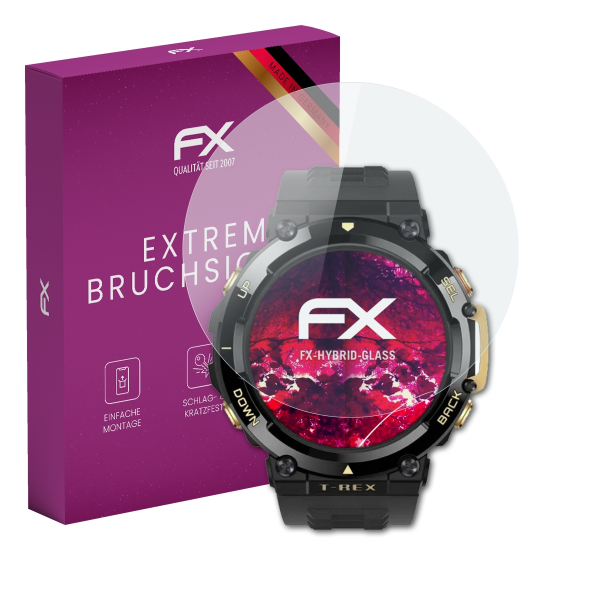 Smartwatch mit Displayschutz, Box im Hintergrund. Schutz hat FX-Logo.