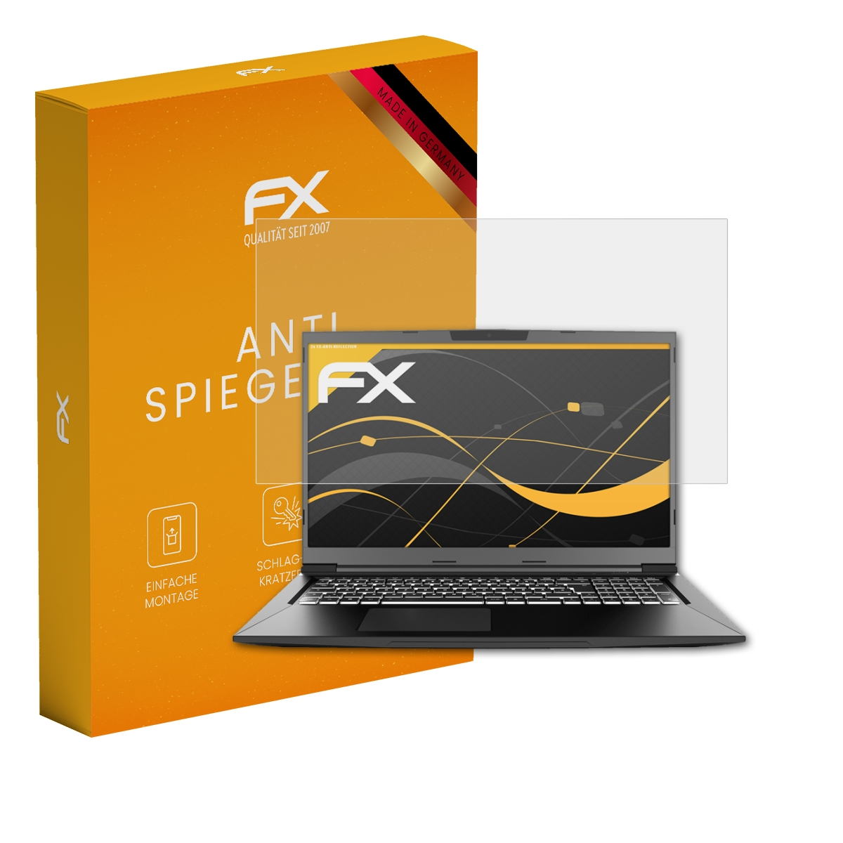 Orangefarbene Schachtel und Laptop mit Displayschutzfolie. Auf der Box steht 'FX Anti-Spiegel'. Hergestellt in Deutschland. Laptop ist schwarz.