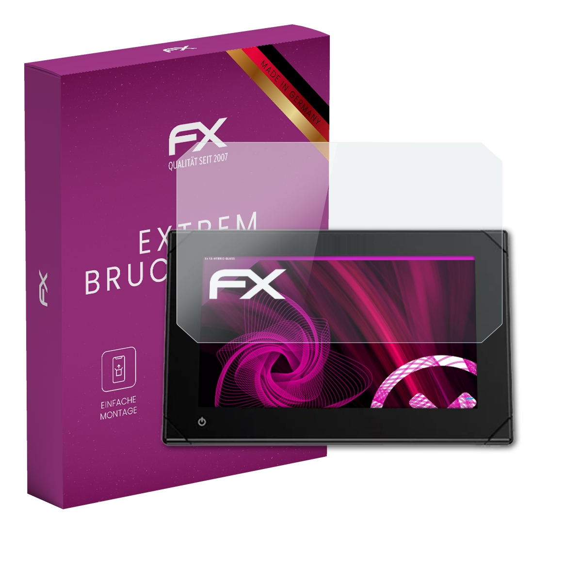 Ein Tablet mit Displayschutz. Die Box ist lila mit weißem Text. Der Bildschirm zeigt ein Muster.