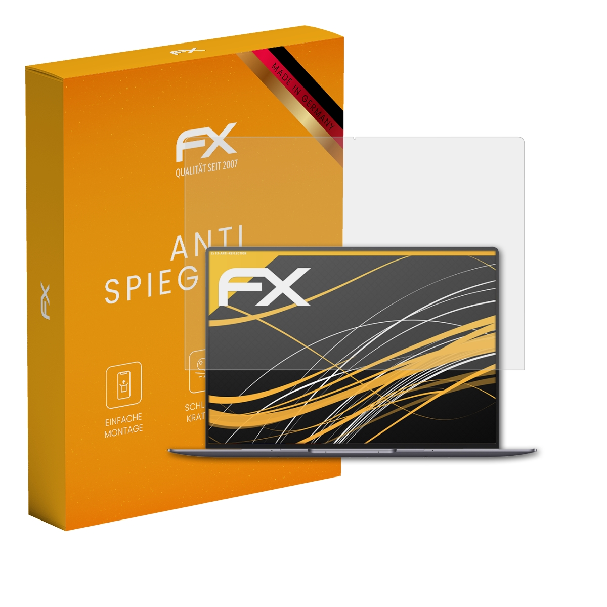 Orange Box mit einem Laptop und einem Displayschutz.