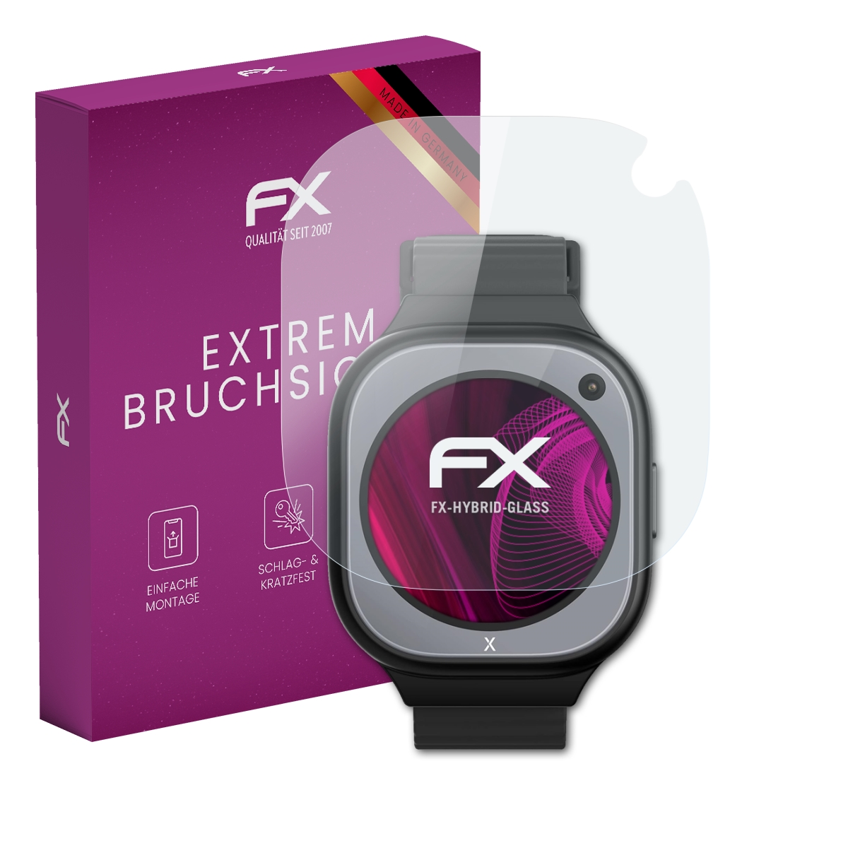 Eine Smartwatch und Displayschutz. Die Box ist lila mit weißem Text. Der Bildschirm zeigt ein Logo.