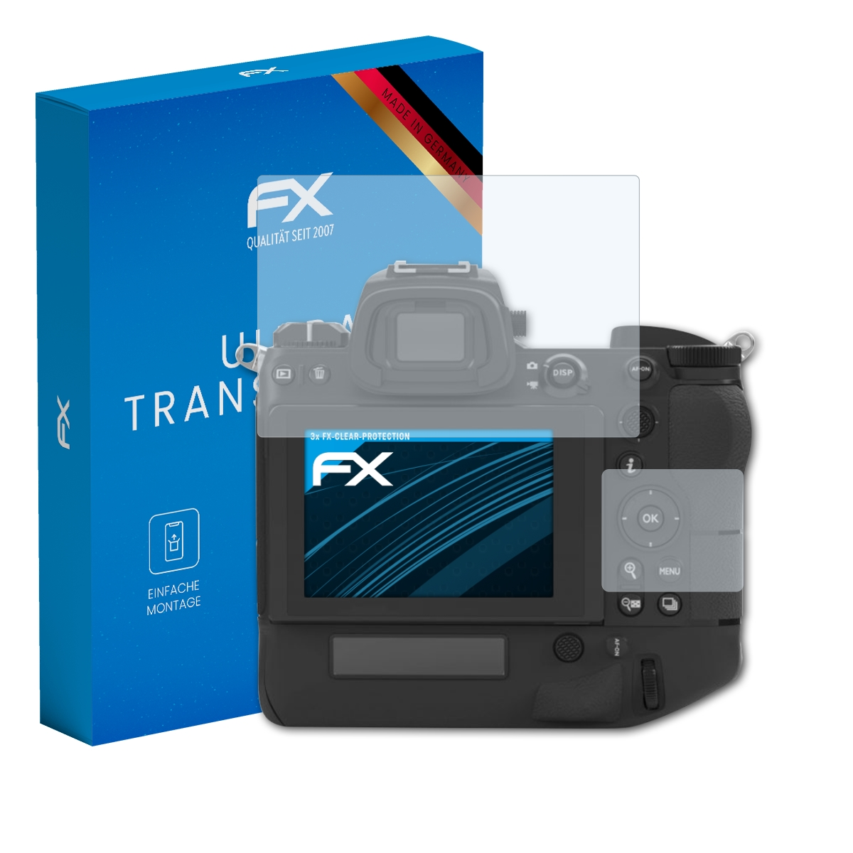 Blaue Box mit Kamera und Displayschutzfolie. Weißer Hintergrund.