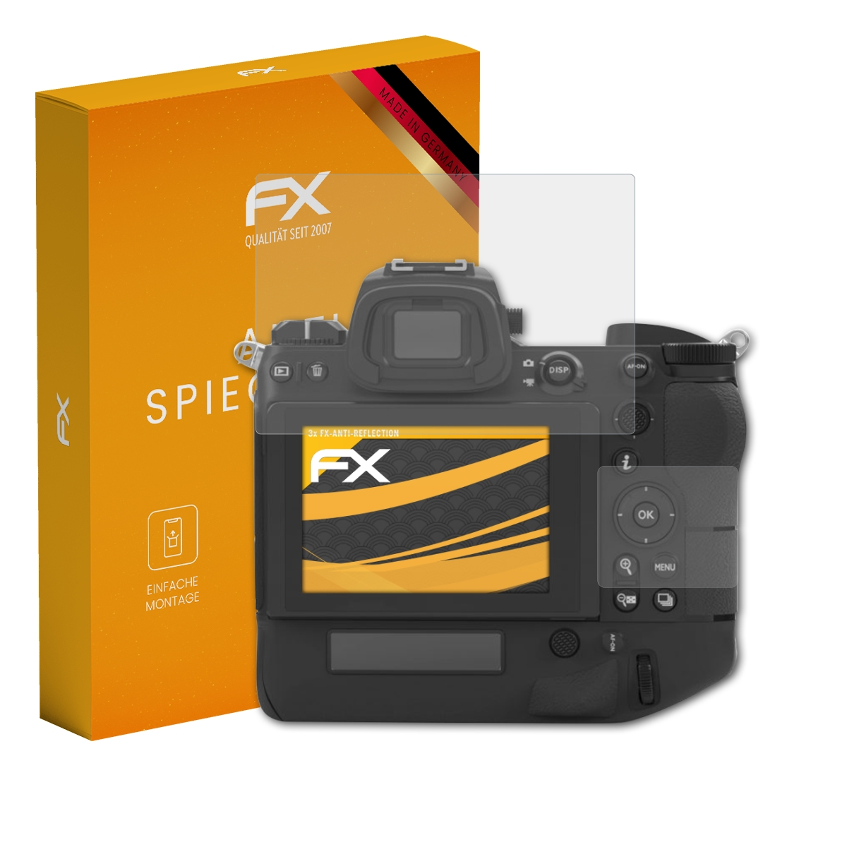 Kamera mit Displayschutz, orangefarbene Box, FX-Logo.