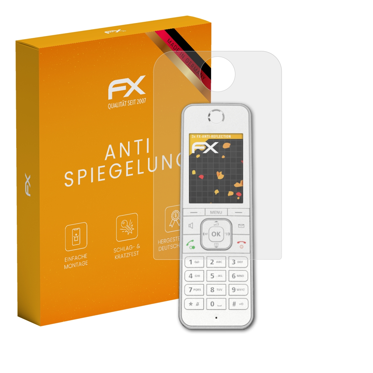 Ein Telefon mit Displayschutz und Box. Der Bildschirm zeigt ein Design und Grundfunktionen.