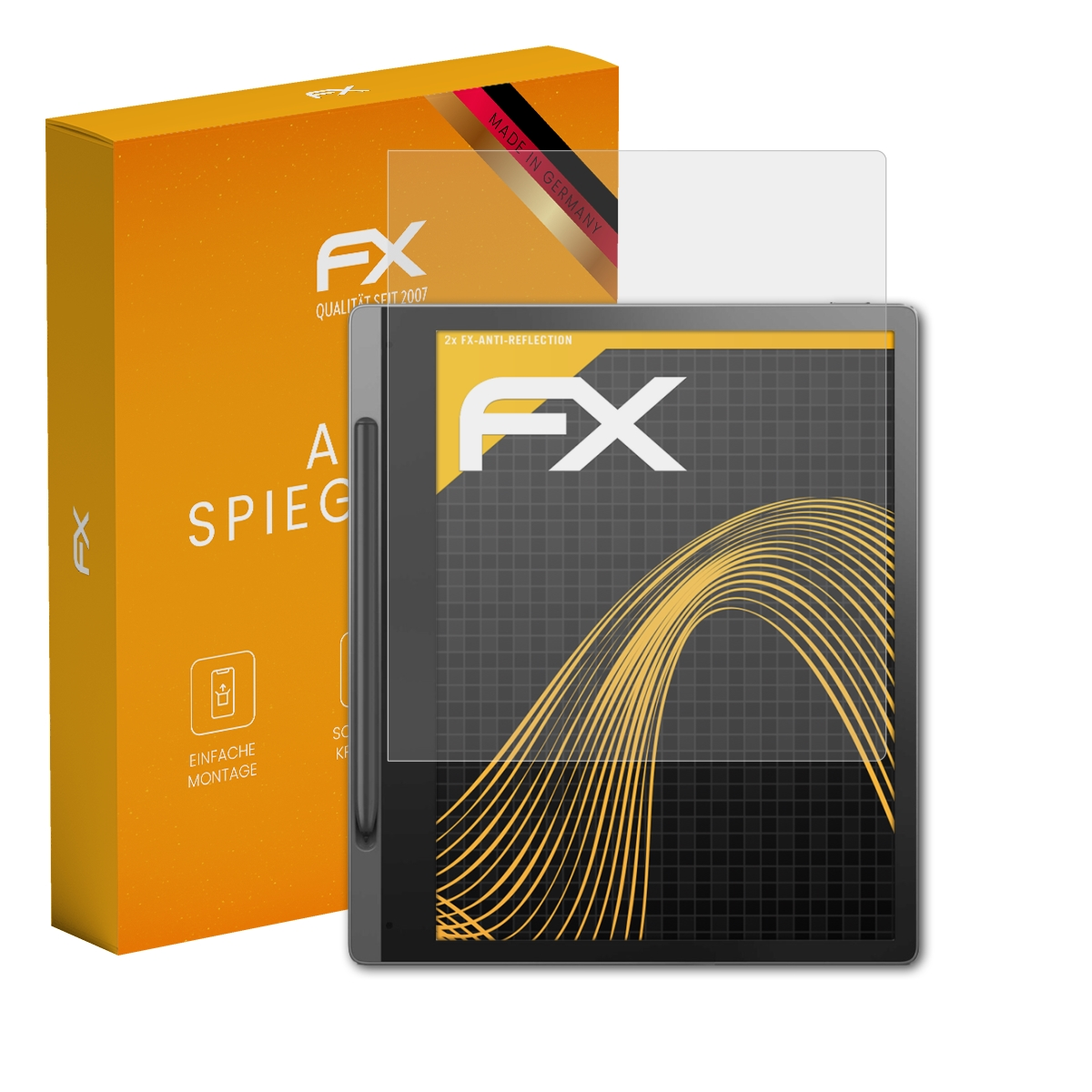 Orange Box, Tablet mit Displayschutz. Tablet zeigt Rastermuster.