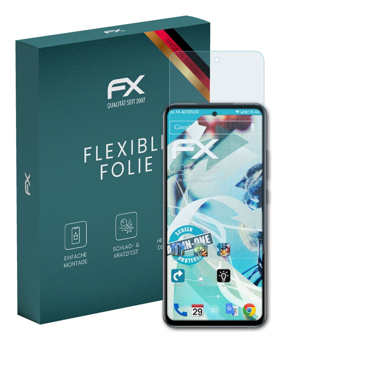 Smartphone mit Displayschutz. Grüne Box mit FX-Logo und Made in Germany. Bildschirm zeigt UI.