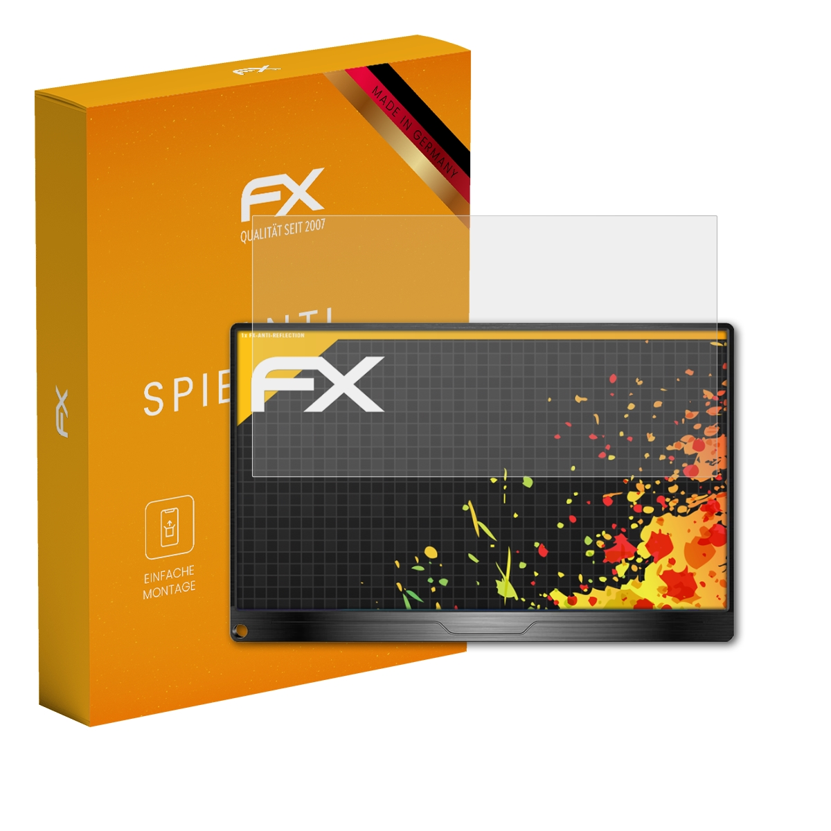 Orange Box mit Displayschutzfolie und Monitor. Box sagt FX, Anti-Reflexion. Schutz auf Monitor mit farbenfrohem Hintergrund.