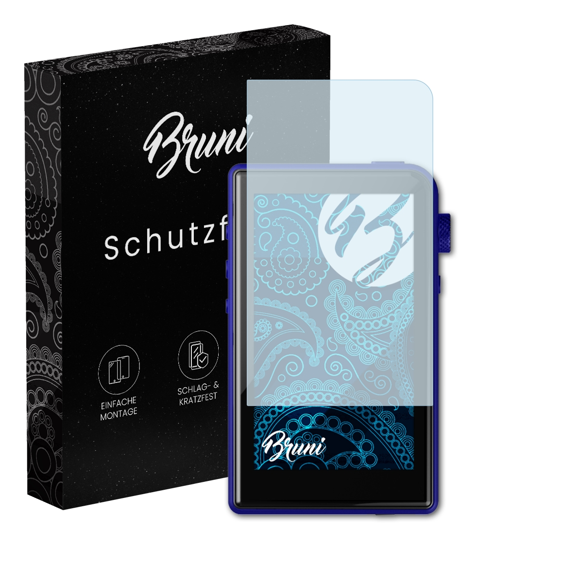 Ein schwarzes Telefon mit einer Displayschutzfolie und eine schwarze Box mit weißem Text.