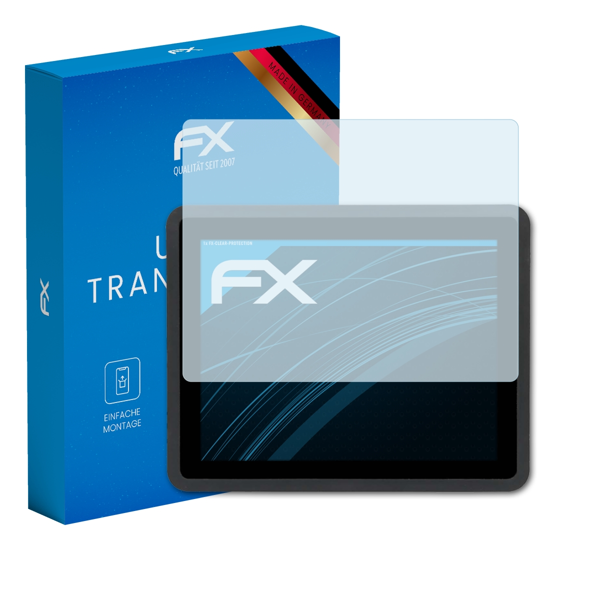 Tablet mit Displayschutzfolie, Markenbox links.