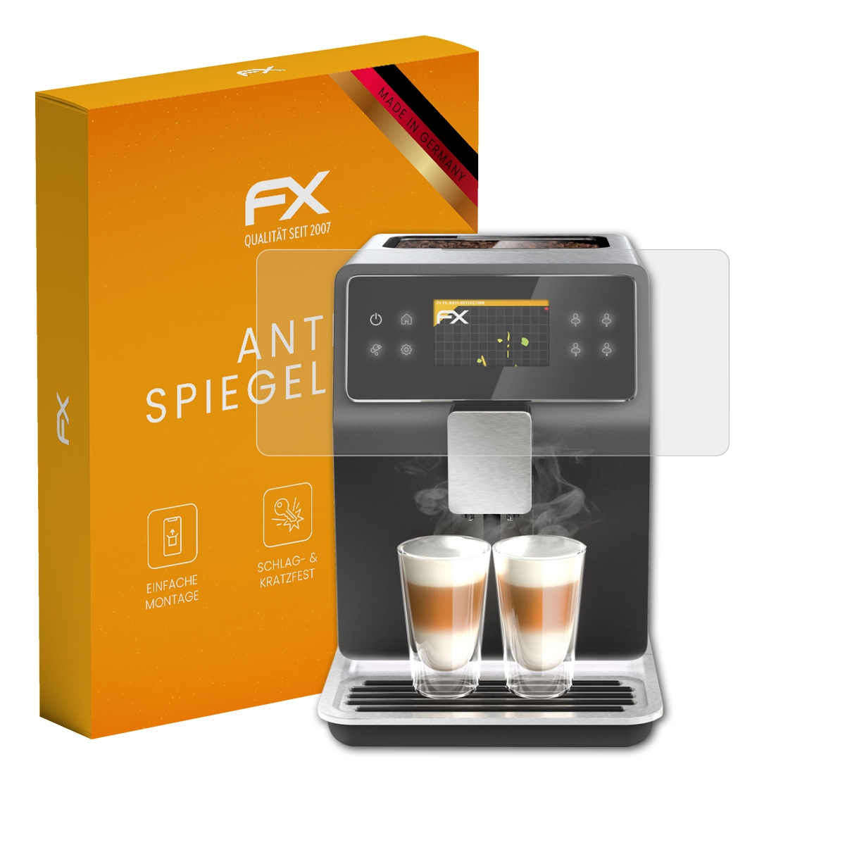 Kaffeemaschine mit Displayschutzfolie, Markenbox links.