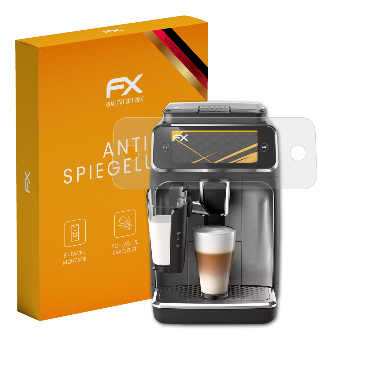 Eine Kaffeemaschine mit Displayschutzfolie und einer orangefarbenen Box.