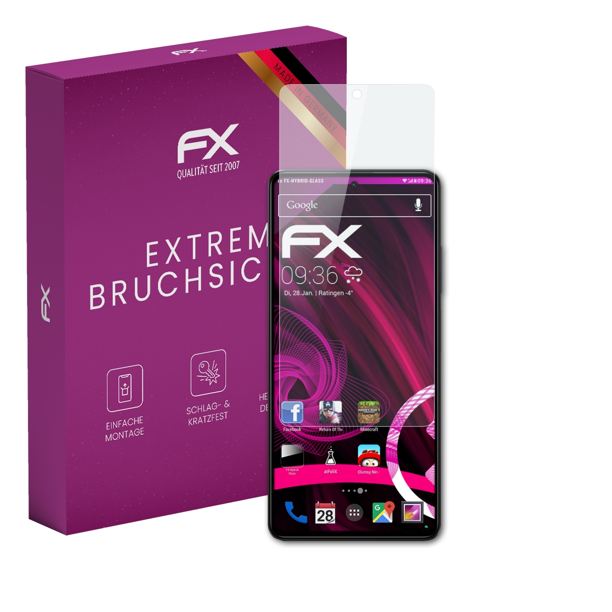 Ein Smartphone mit Displayschutzfolie. Eine lila Box mit FX-Logo.