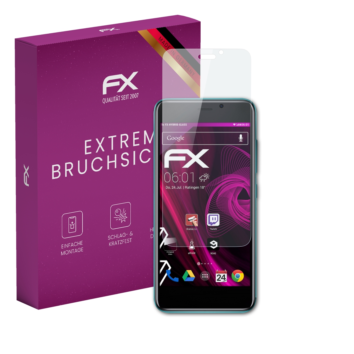 Ein Telefon und eine Displayschutzfolie. Auf der Box steht 'FX EXTREM BRUCHSICHER'. Telefon mit App-Symbolen.