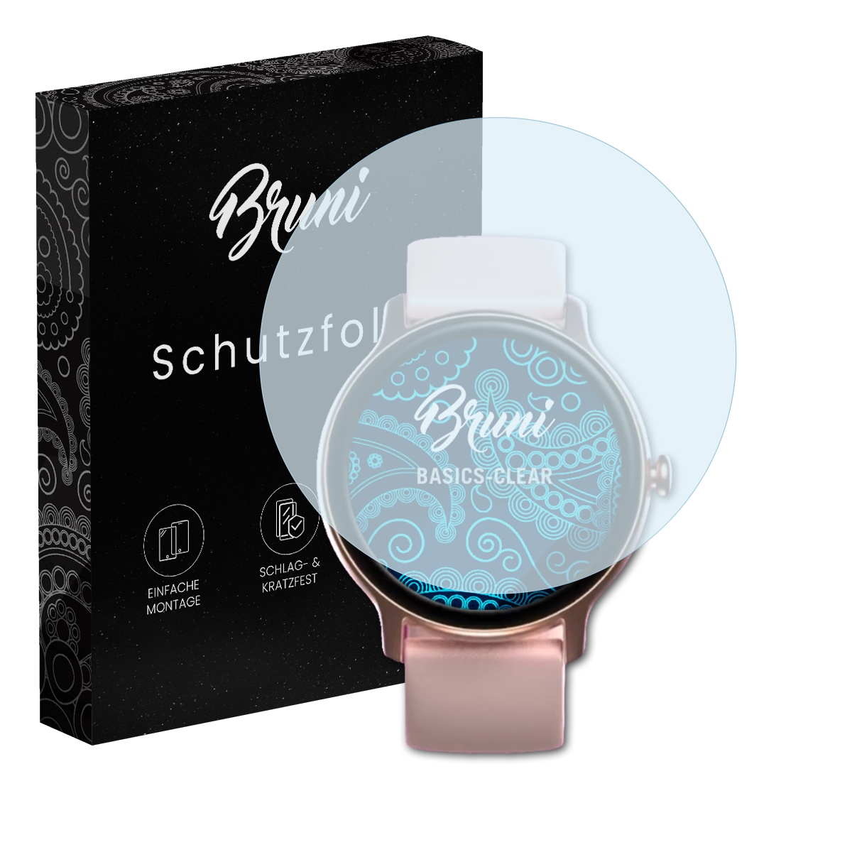 Eine Smartwatch und eine Displayschutzfolie. Box: 'Bruni Schutzfolie'. Der Schutz bedeckt das Uhren-Display.