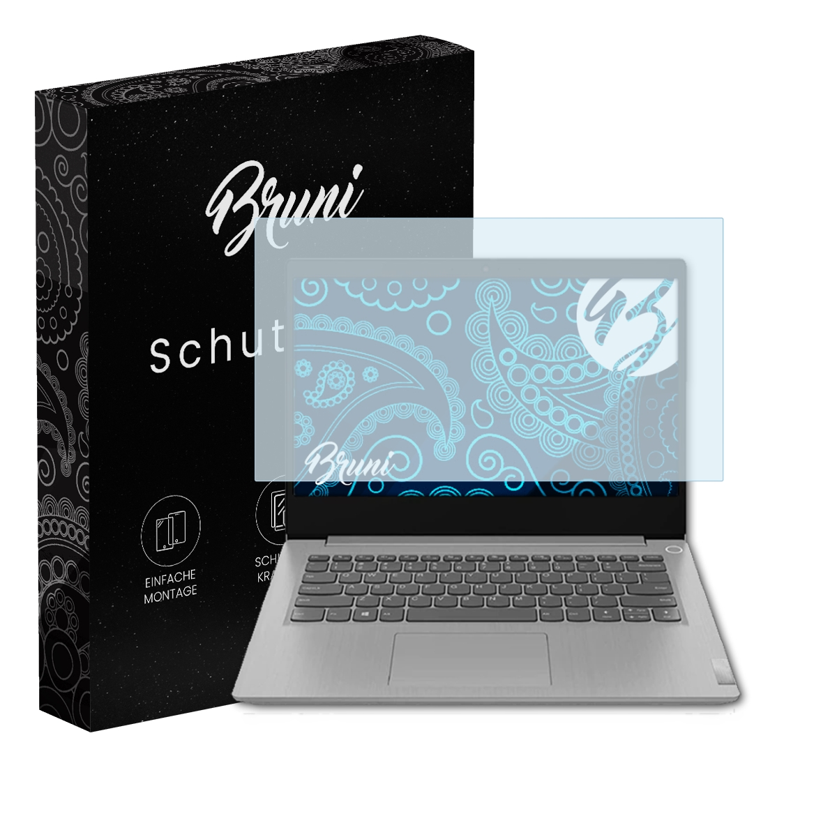 Ein Laptop und eine Displayschutzfolie. Box: 'Bruni Schutzfolie'. Der Schutz bedeckt das Laptop-Display.