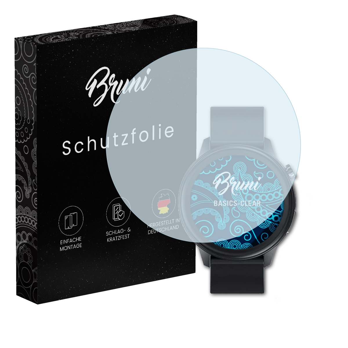 Smartwatch mit Displayschutzfolie, Box mit 'Bruni'. Blaues Paisley-Design. Weißes Armband.