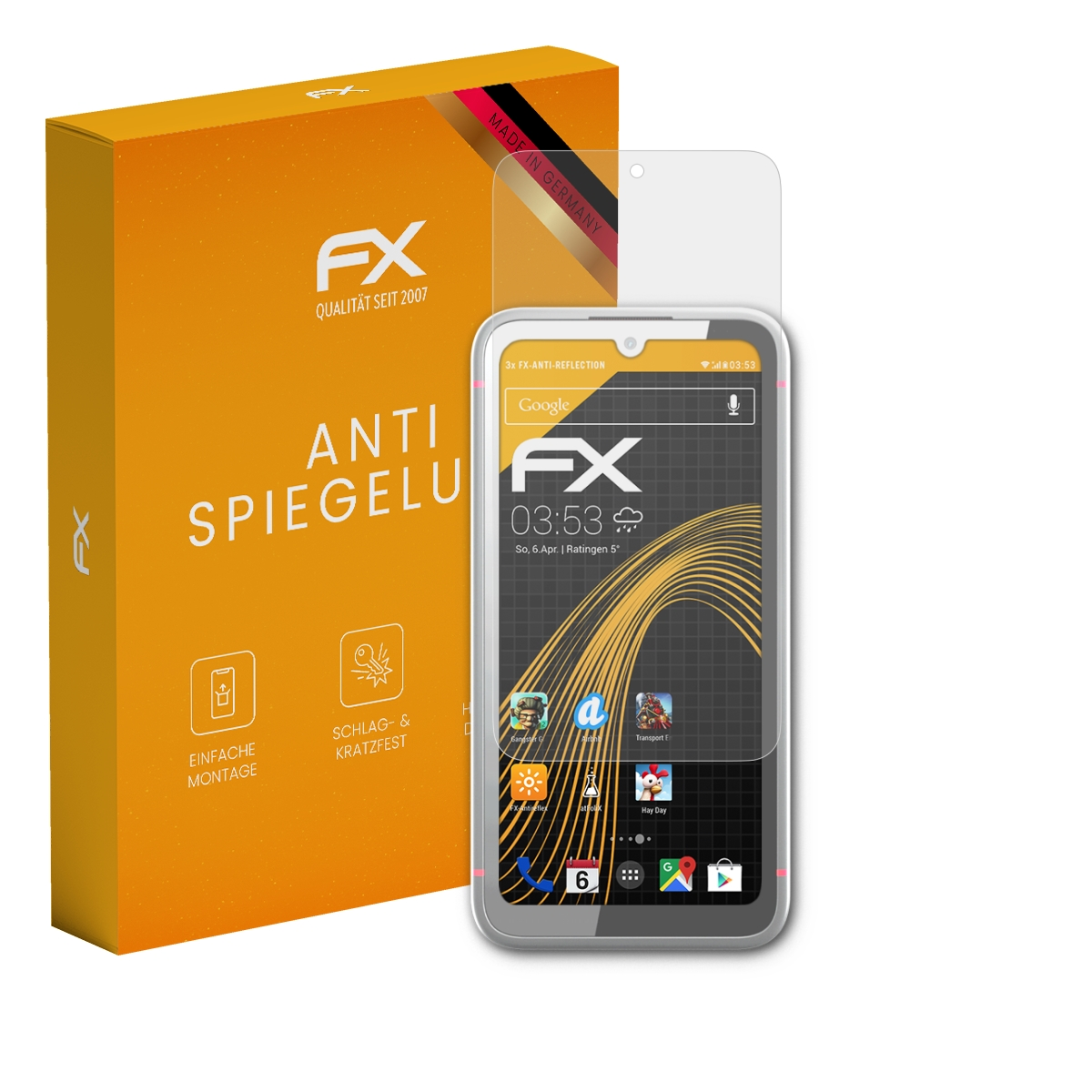 Telefon mit Displayschutz und Box. Telefon zeigt Apps und die Uhrzeit.