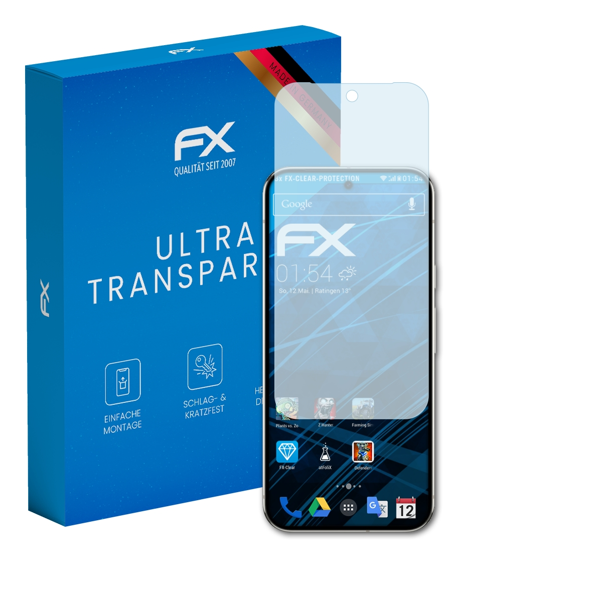 Eine blaue Schachtel mit Displayschutzfolie und Telefon. FX-Logo vorhanden. Telefon zeigt Zeit, Wetter und Apps.